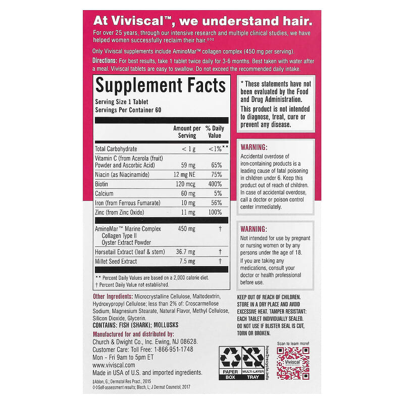 Viviscal Hair Health Supplement - 60 Tablets - 100% Drug-Free Formula for Existing Hair Growth